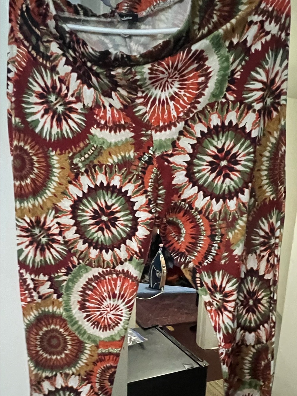 Rainbow Tie-Dye Floral Leggings - Red, Green, Cream, Brown